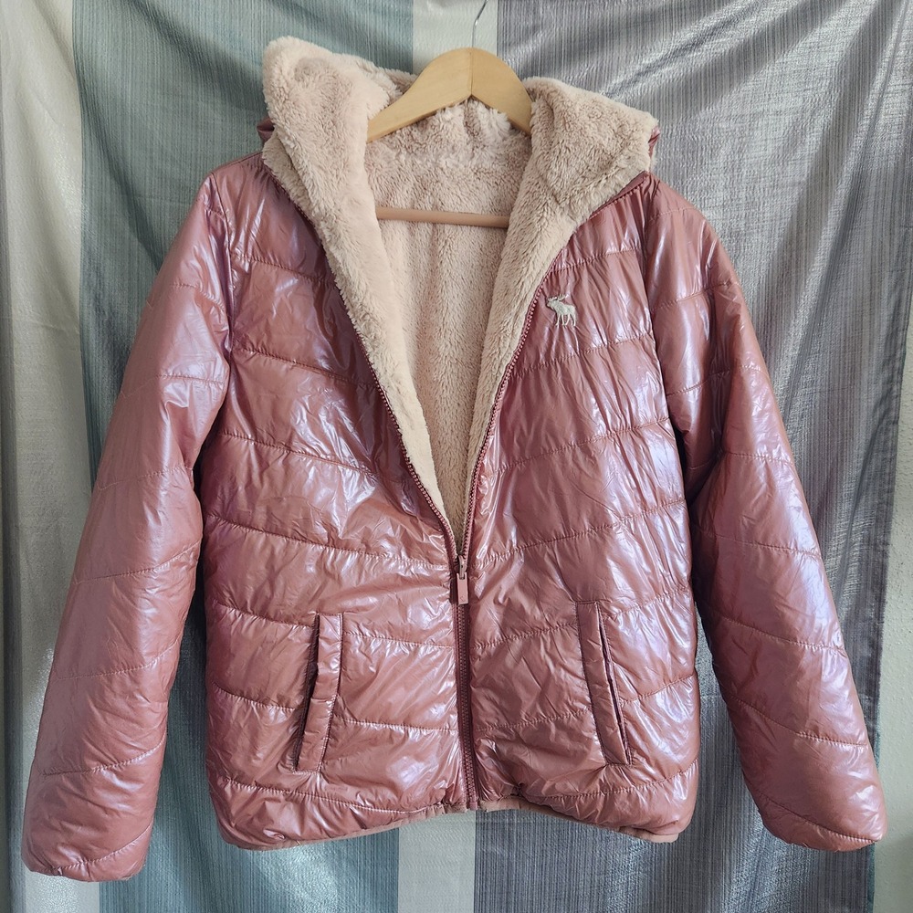 Abercrombie Kids Reversible Puffer Jacket Rose‎ Gold Faux Fur Hooded Girl 15/16